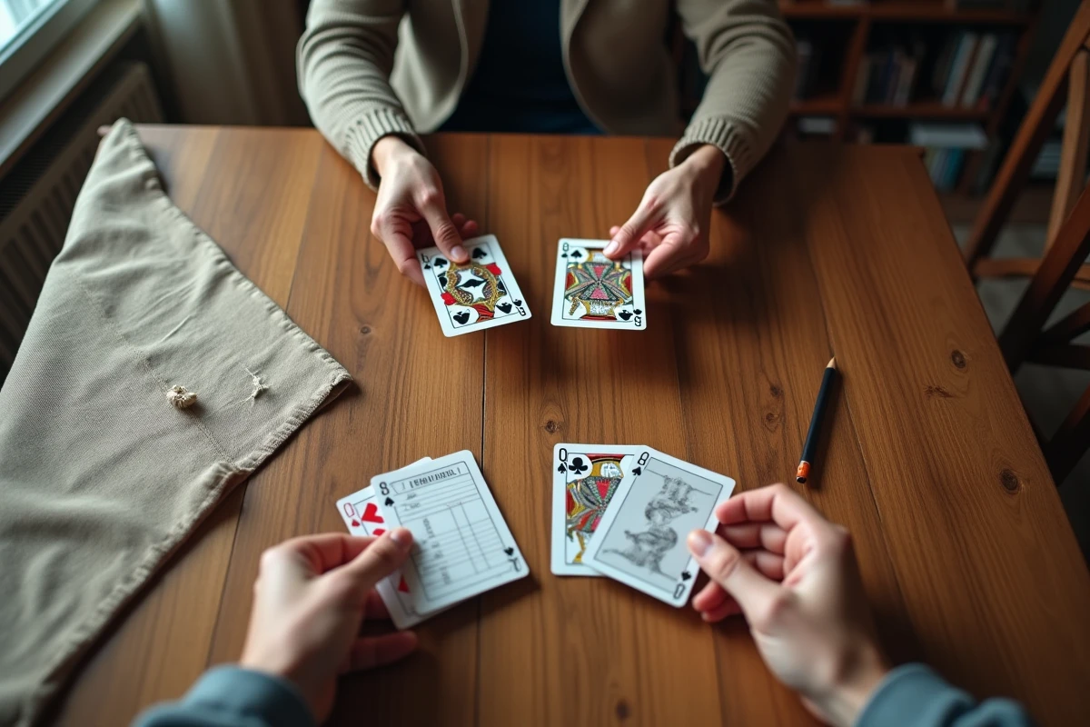 Vue de dessus de deux mains distribuant des cartes de belote sur une table en bois avec feuille de score, belote à 2 joueurs
